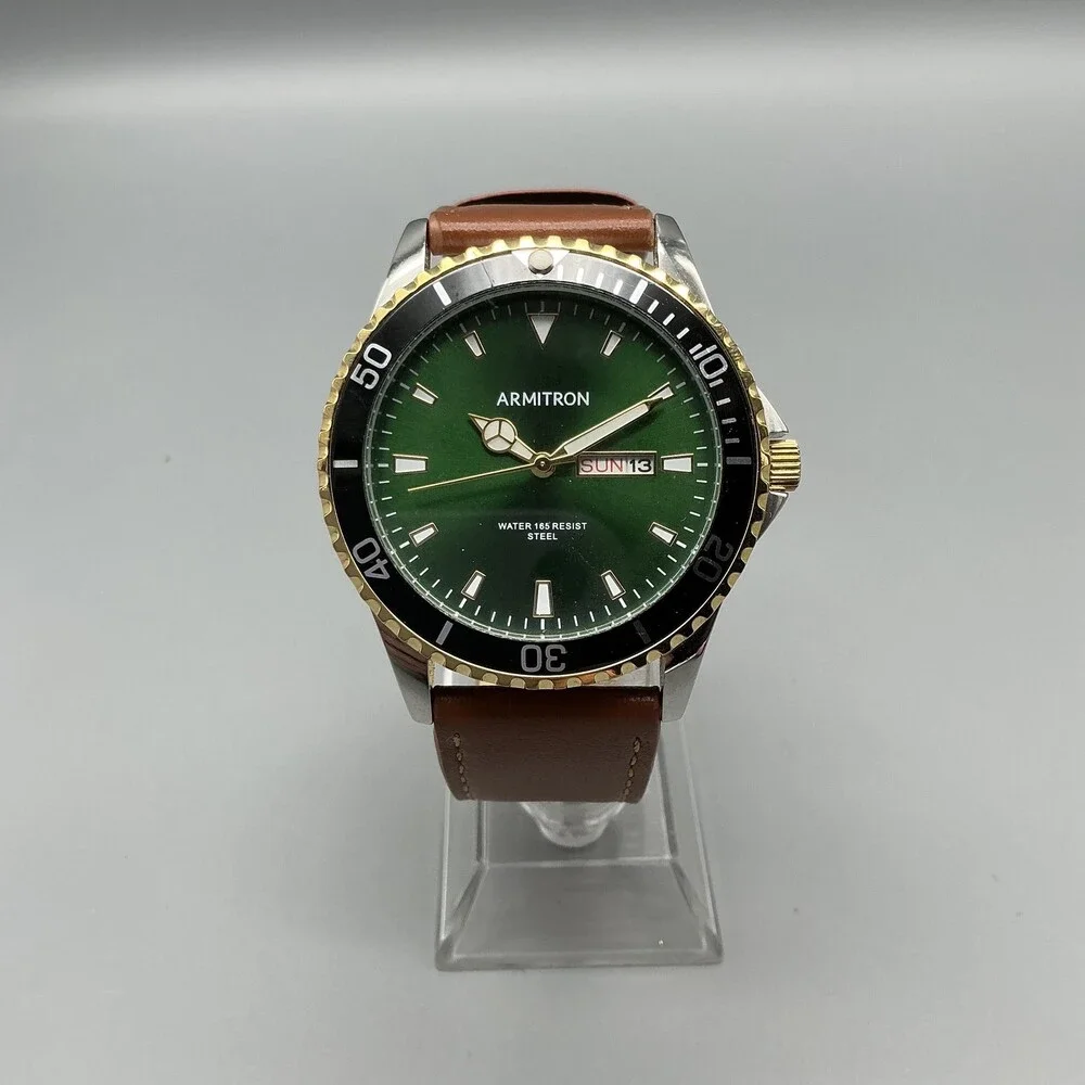 Armitron 20/5483TT Mens Watch 42mm Green Dial Brown Leather Day Date New Battery